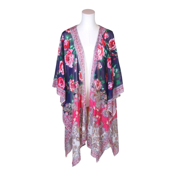 Floral Paisley Kimono M/L Boho Open Front Sheer Lightweight Duster Wrap - Picture 1 of 7